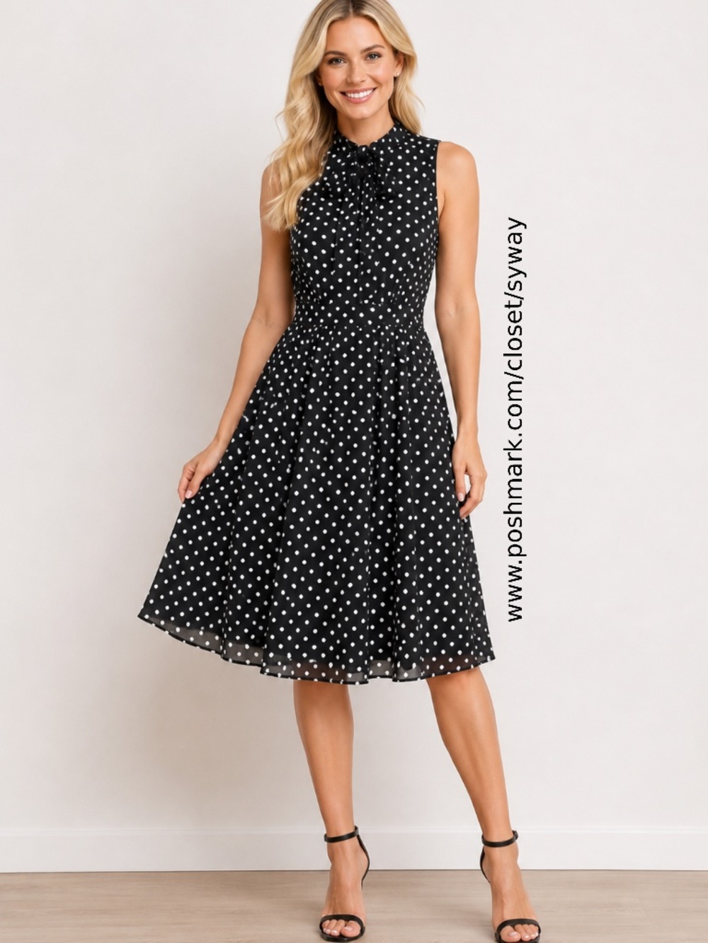 Kasper Polka Dot Tie Neck Dress - Picture 2 of 12